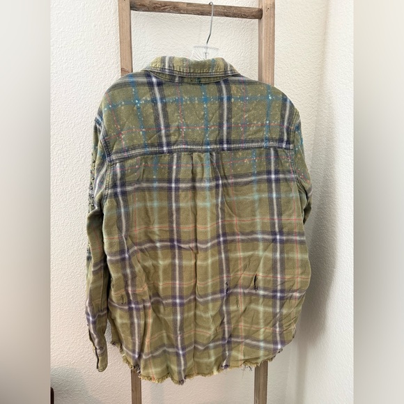 Free People Green and Blue Distressed Flannel Shacket - Picture 3 of 9